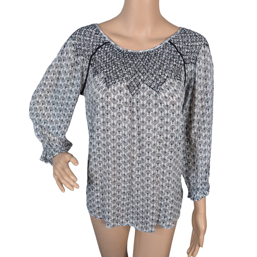 Floreat Anthropologie Smocked Floral Chiffon Peasant Blouse Black White XS